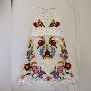 SAYLOR Lace Embroidery Crochet Red & White Flower Sleeveless Mini Dress Small